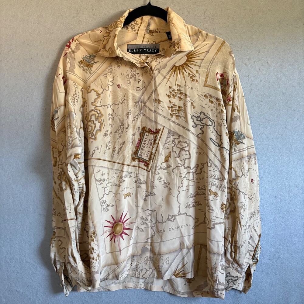 Linda Allard For Ellen Tracy W Sz 2 VTG Cream Silk Button-Down Blouse Maps Print